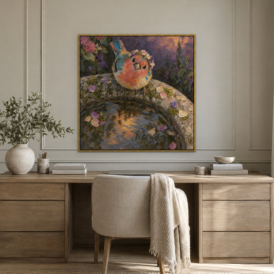 Flower Crown Finch, colourful floral hand-painted canvas wall art in a home office – Gallery 23