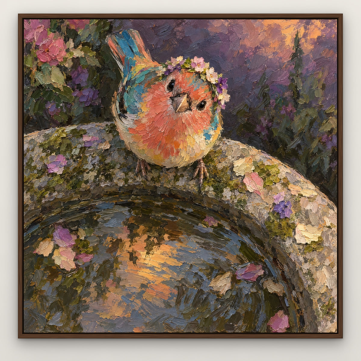 Flower Crown Finch, colourful floral hand-painted canvas wall art in a slim walnut float frame – Gallery 23