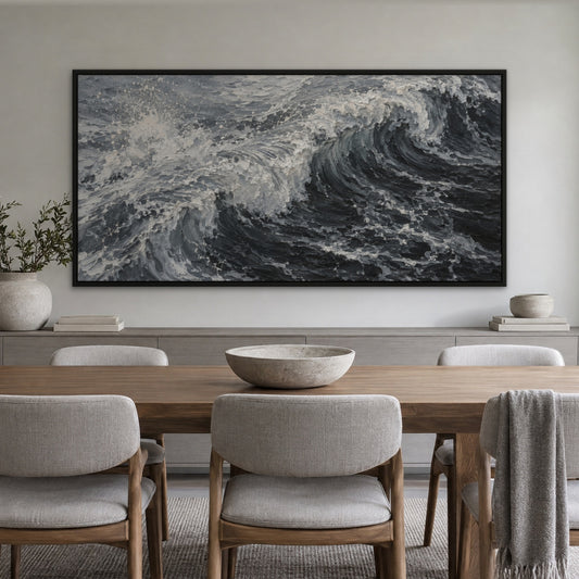 Monochrome Breaker, black and white abstract hand-painted canvas wall art in a dining room – Gallery 23