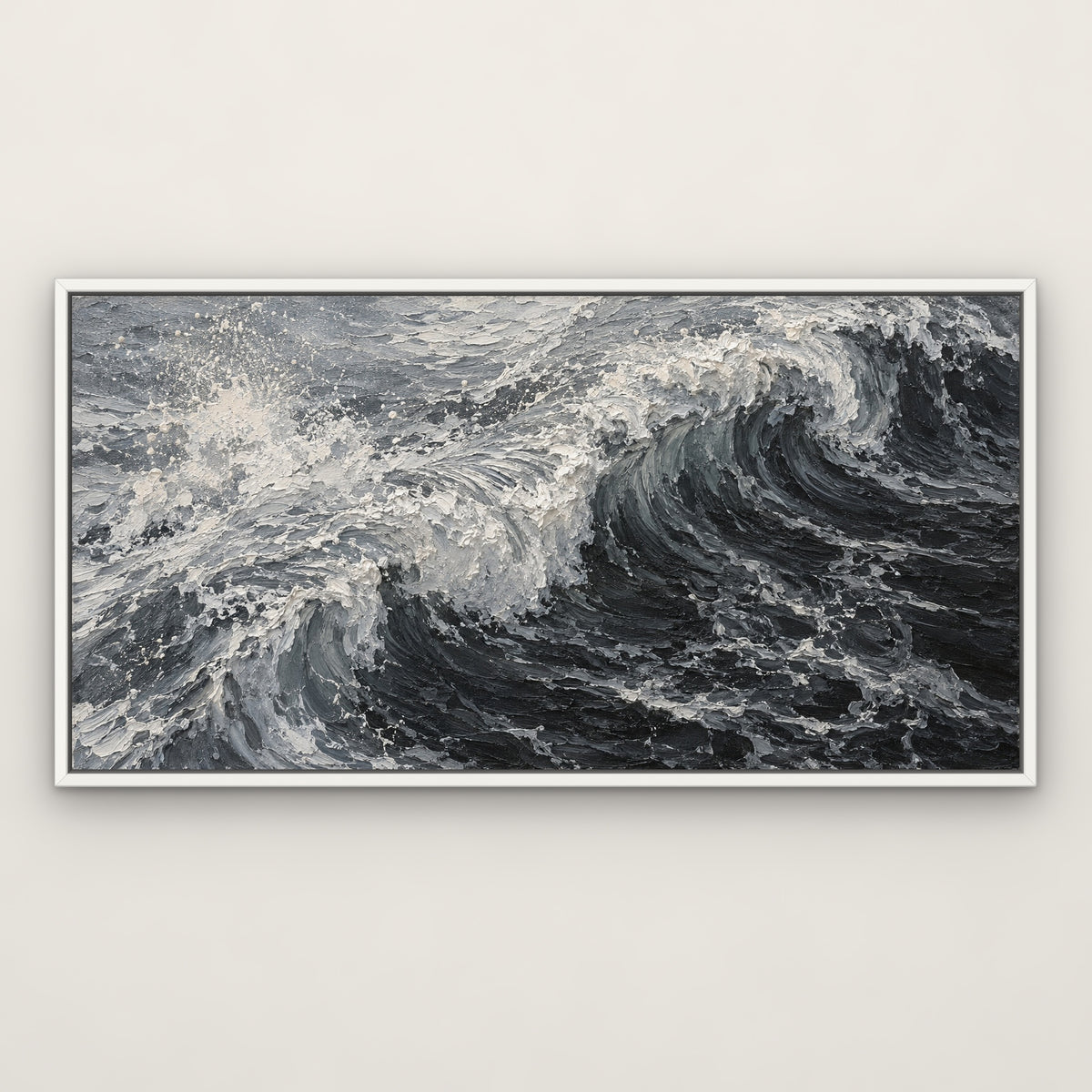 Monochrome Breaker, black and white abstract hand-painted canvas wall art in a slim white float frame – Gallery 23