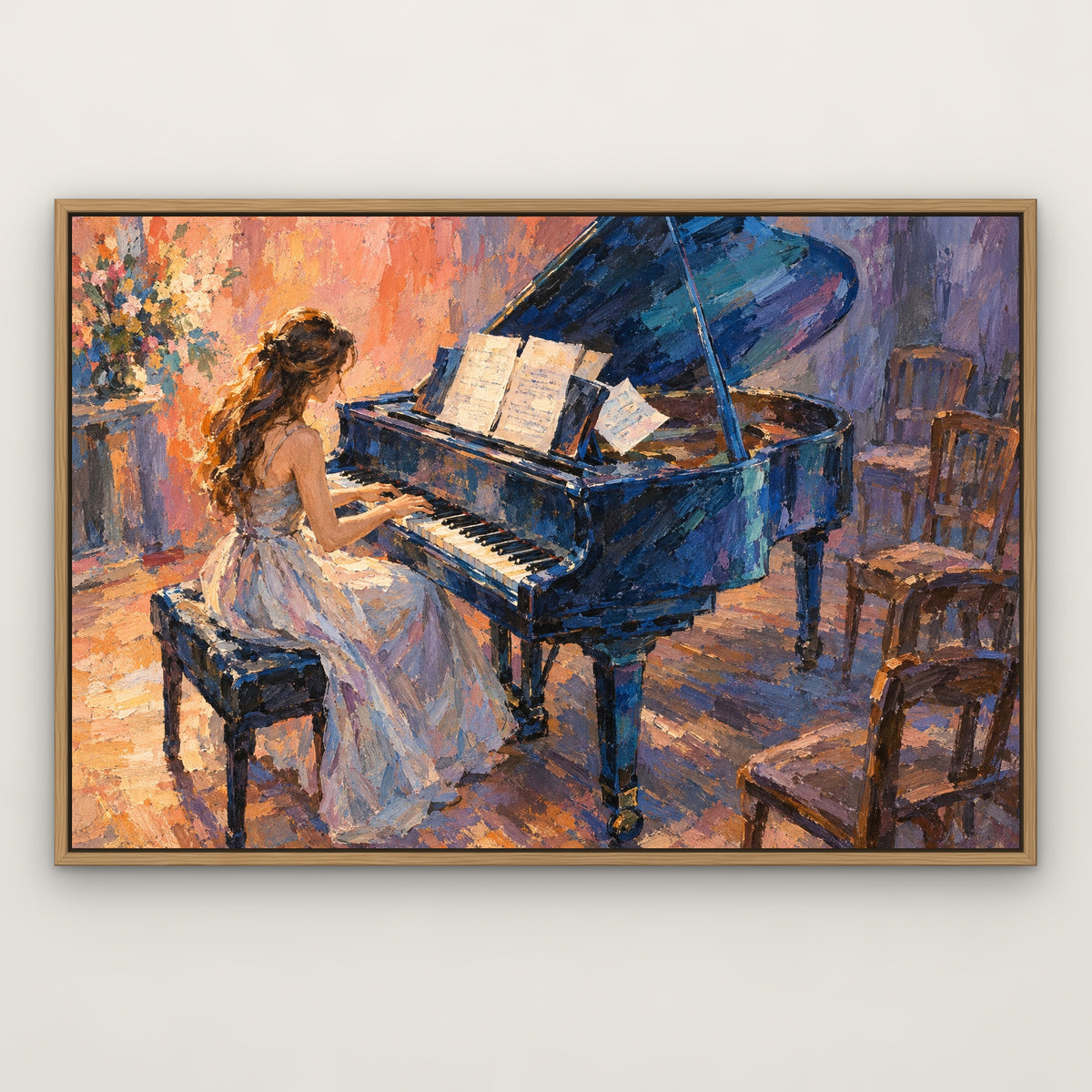 Blue Piano Recital, orange figurative hand-painted canvas wall art in a slim oak float frame – Gallery 23