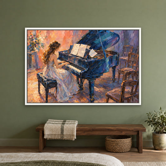 Blue Piano Recital, orange figurative hand-painted canvas wall art in a bedroom – Gallery 23