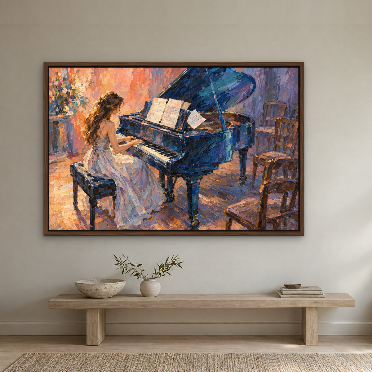 Blue Piano Recital, orange figurative hand-painted canvas wall art in a hallway – Gallery 23