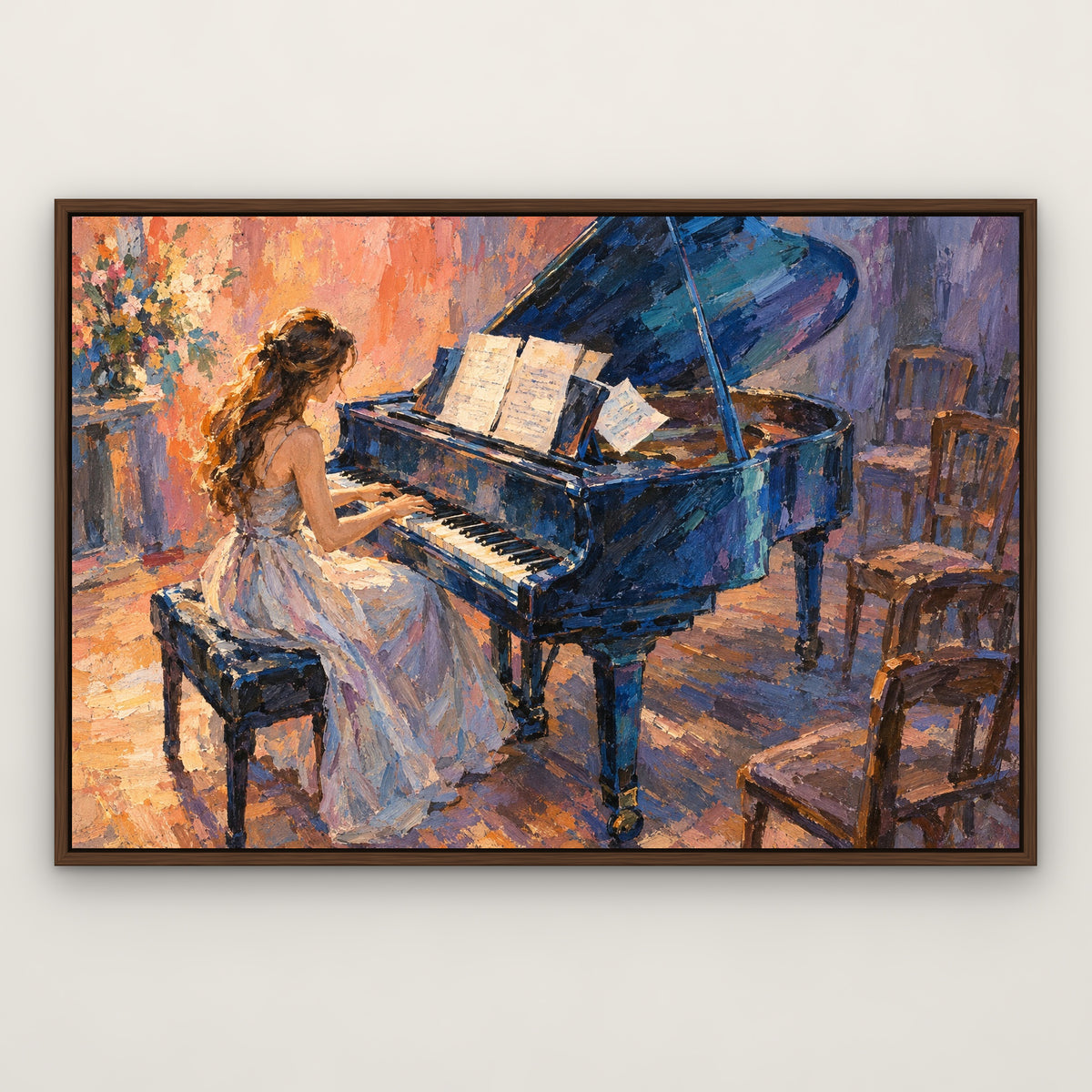 Blue Piano Recital, orange figurative hand-painted canvas wall art in a slim walnut float frame – Gallery 23