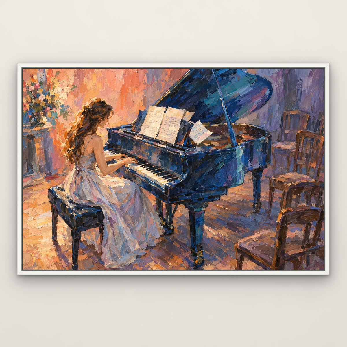 Blue Piano Recital, orange figurative hand-painted canvas wall art in a slim white float frame – Gallery 23