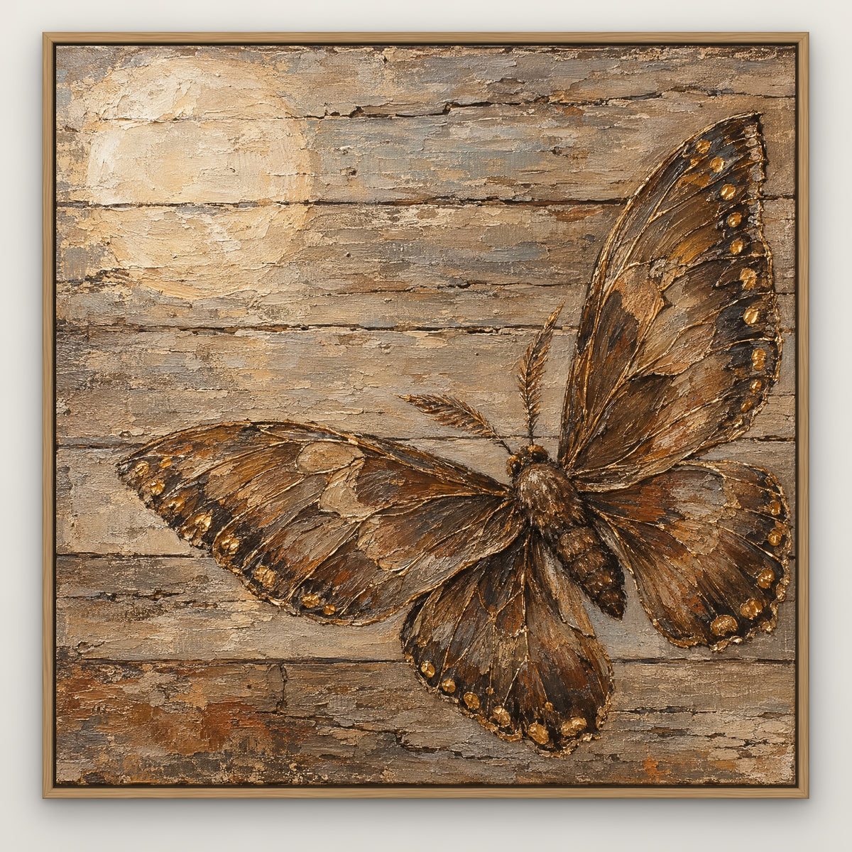 Driftwood Wings, brown wildlife hand-painted canvas wall art in a slim oak float frame – Gallery 23