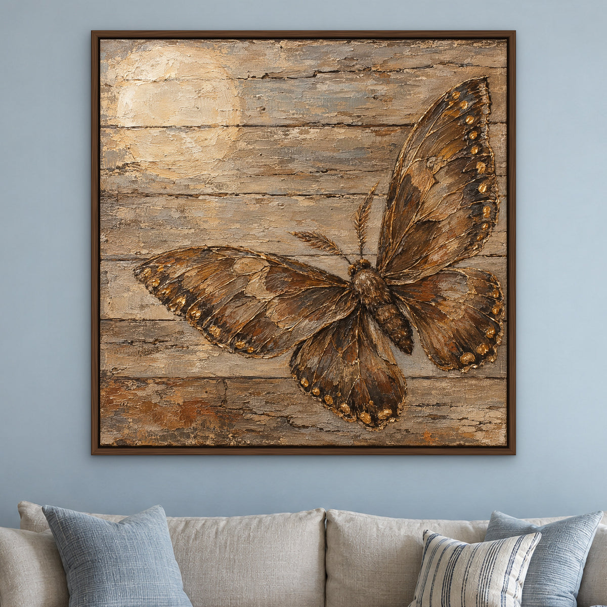Driftwood Wings, brown wildlife hand-painted canvas wall art in a living room – Gallery 23