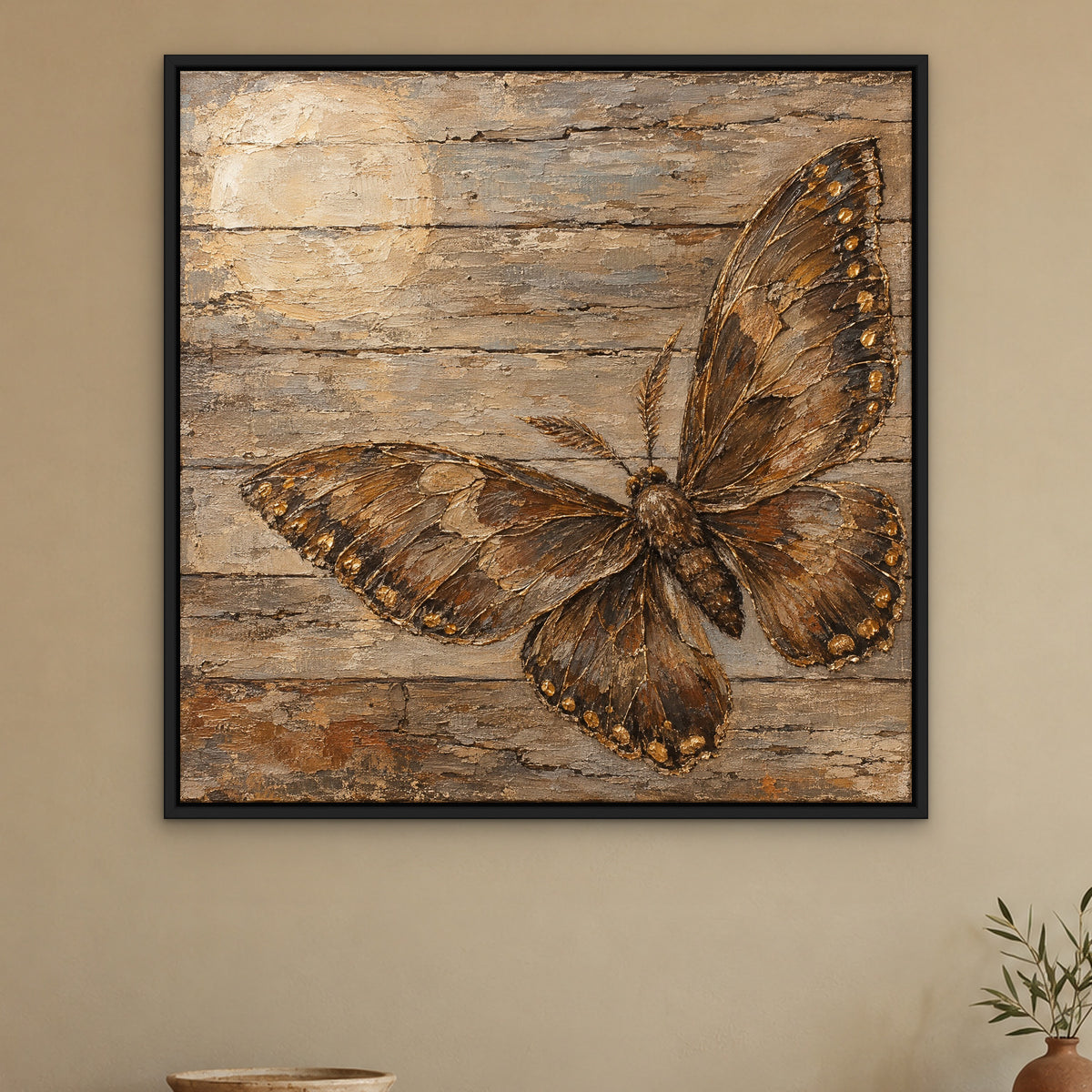 Driftwood Wings, brown wildlife hand-painted canvas wall art in a hallway – Gallery 23