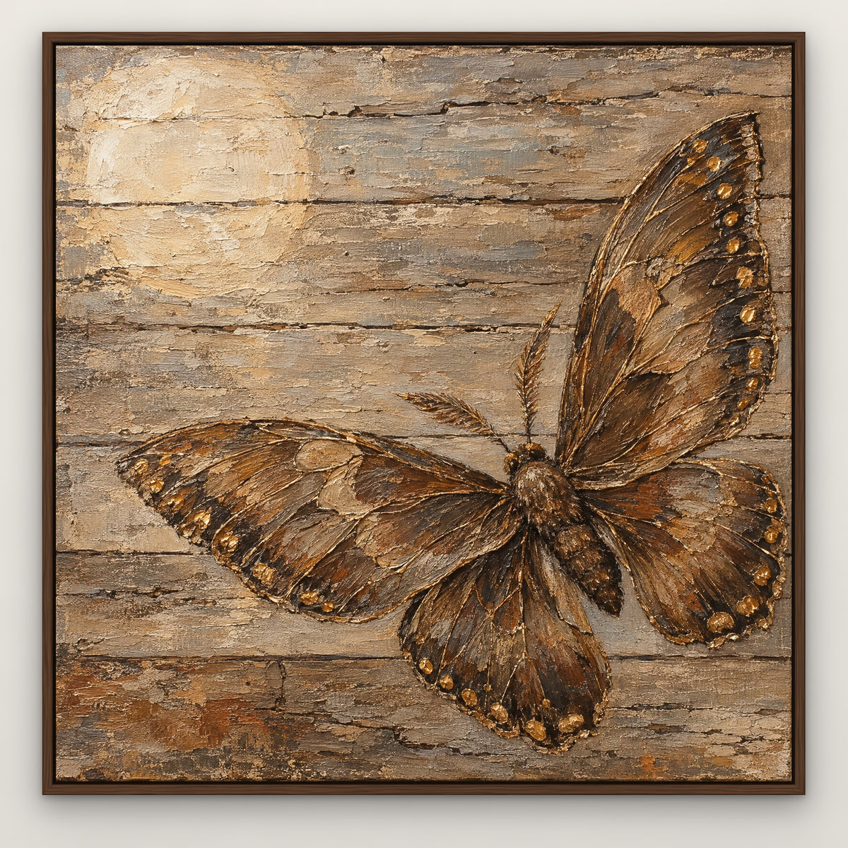 Driftwood Wings, brown wildlife hand-painted canvas wall art in a slim walnut float frame – Gallery 23