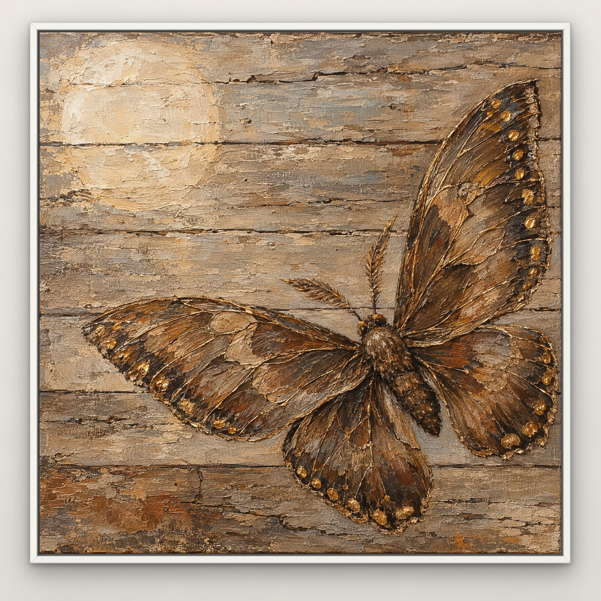 Driftwood Wings, brown wildlife hand-painted canvas wall art in a slim white float frame – Gallery 23