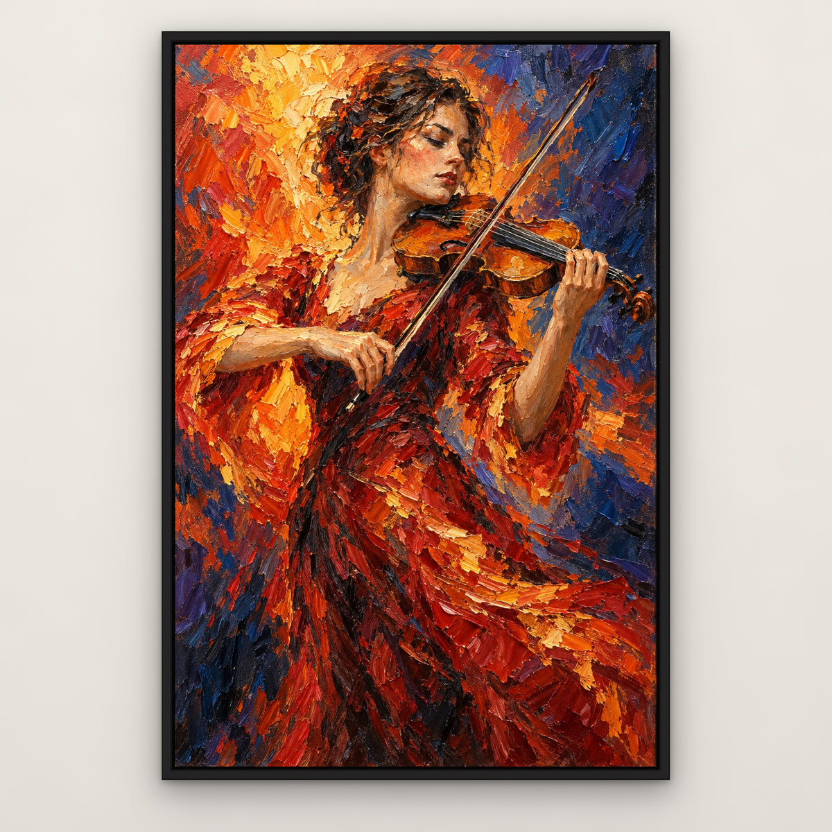 Strings in Flame, colourful portrait hand-painted canvas wall art in a slim black float frame – Gallery 23