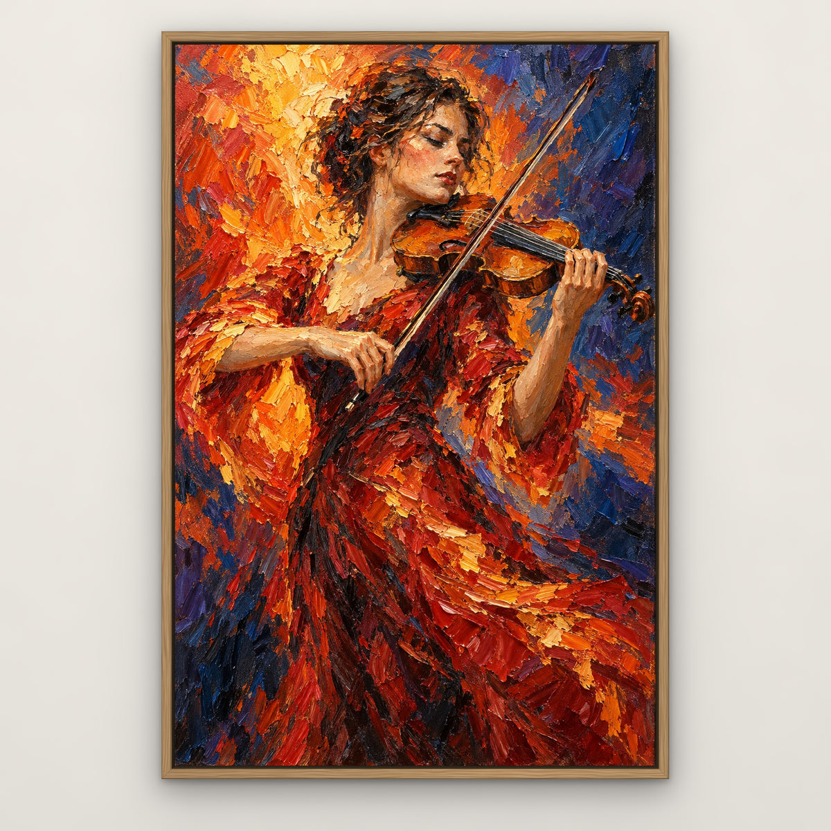 Strings in Flame, colourful portrait hand-painted canvas wall art in a slim oak float frame – Gallery 23