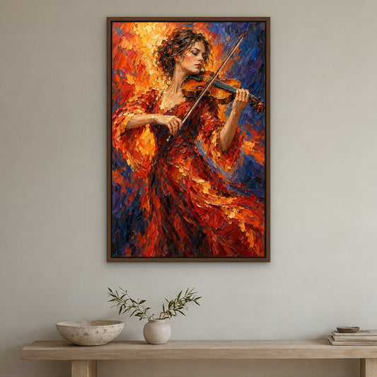 Strings in Flame, colourful portrait hand-painted canvas wall art in a hallway – Gallery 23