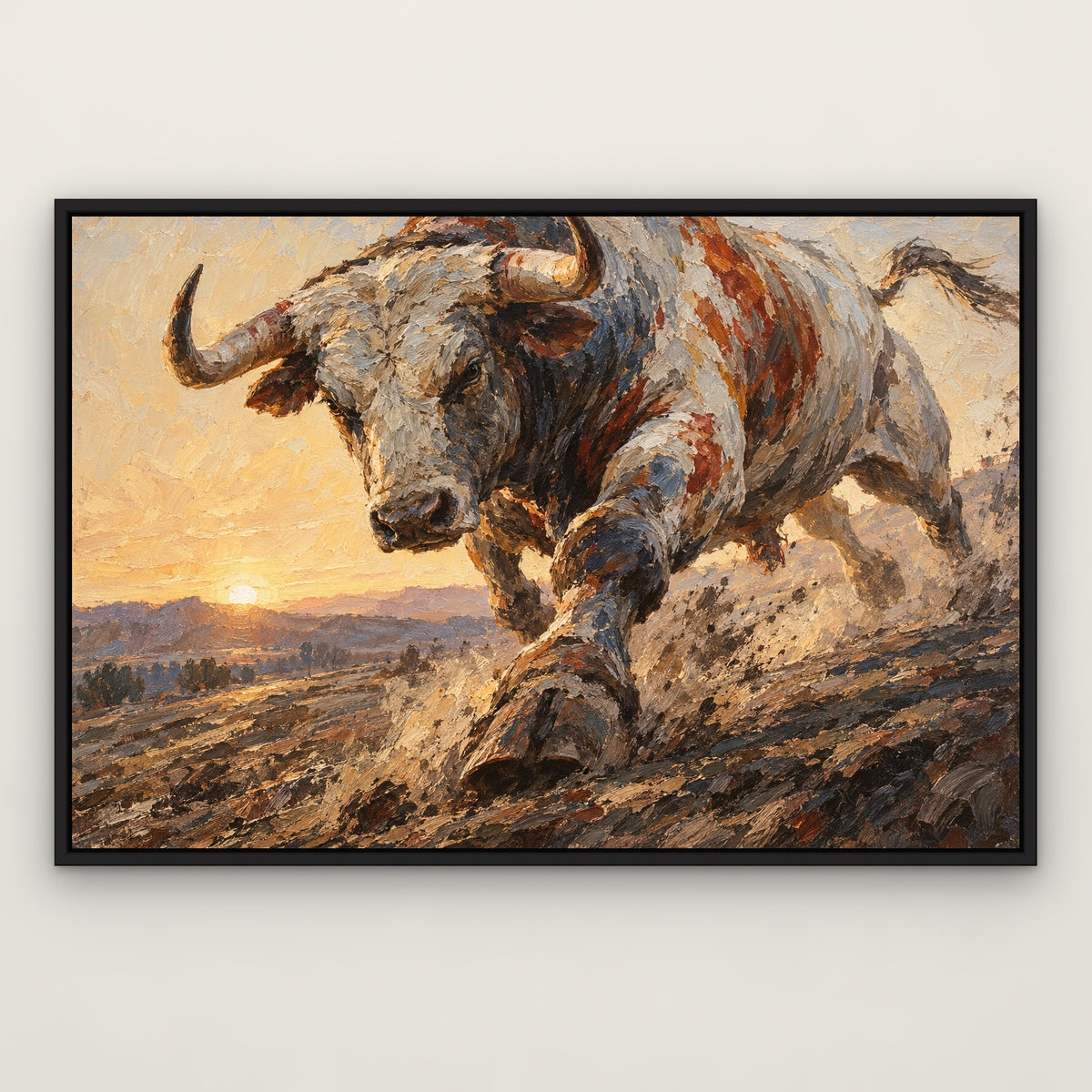 Bull in Full Stride, grey animal hand-painted canvas wall art in a slim black float frame – Gallery 23
