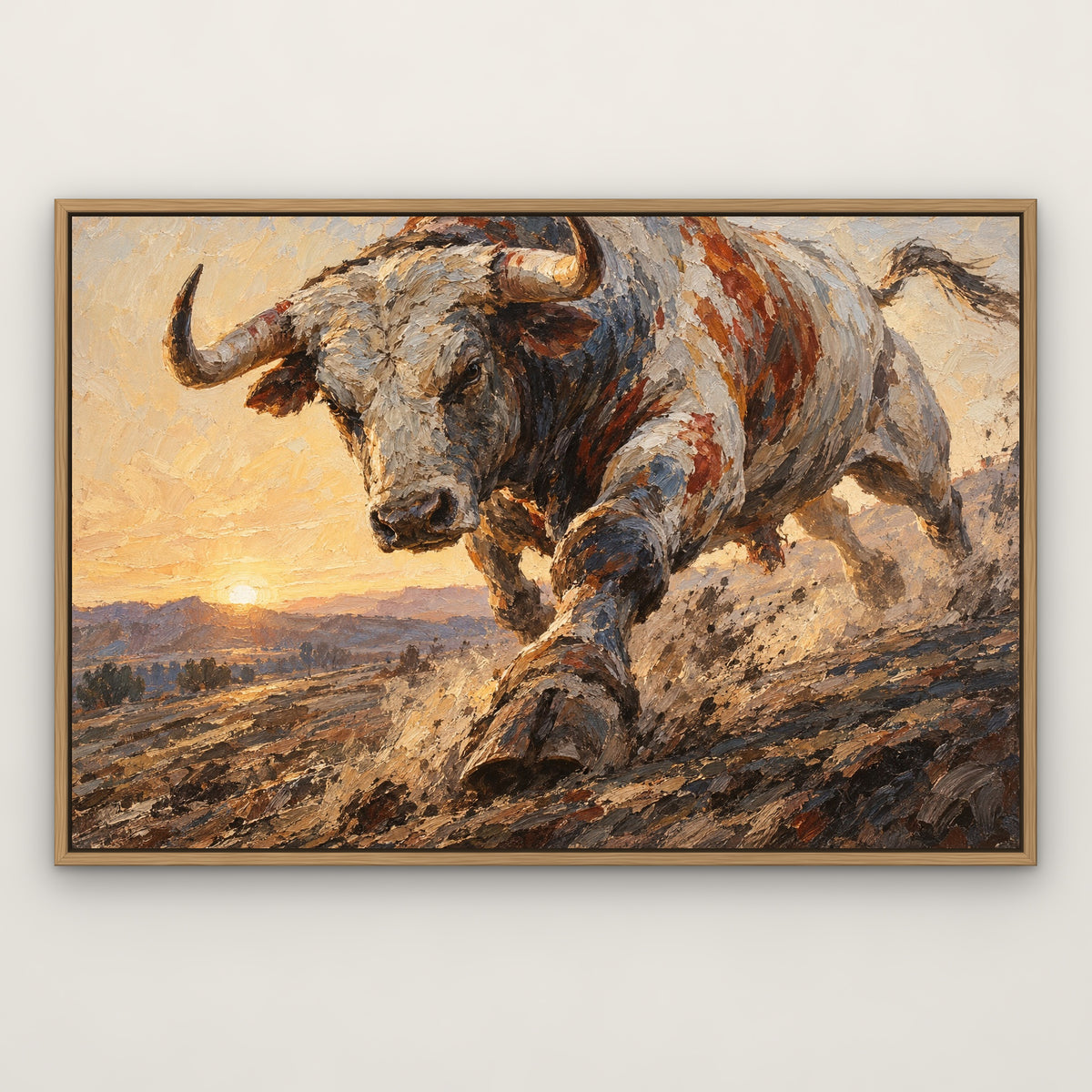 Bull in Full Stride, grey animal hand-painted canvas wall art in a slim oak float frame – Gallery 23