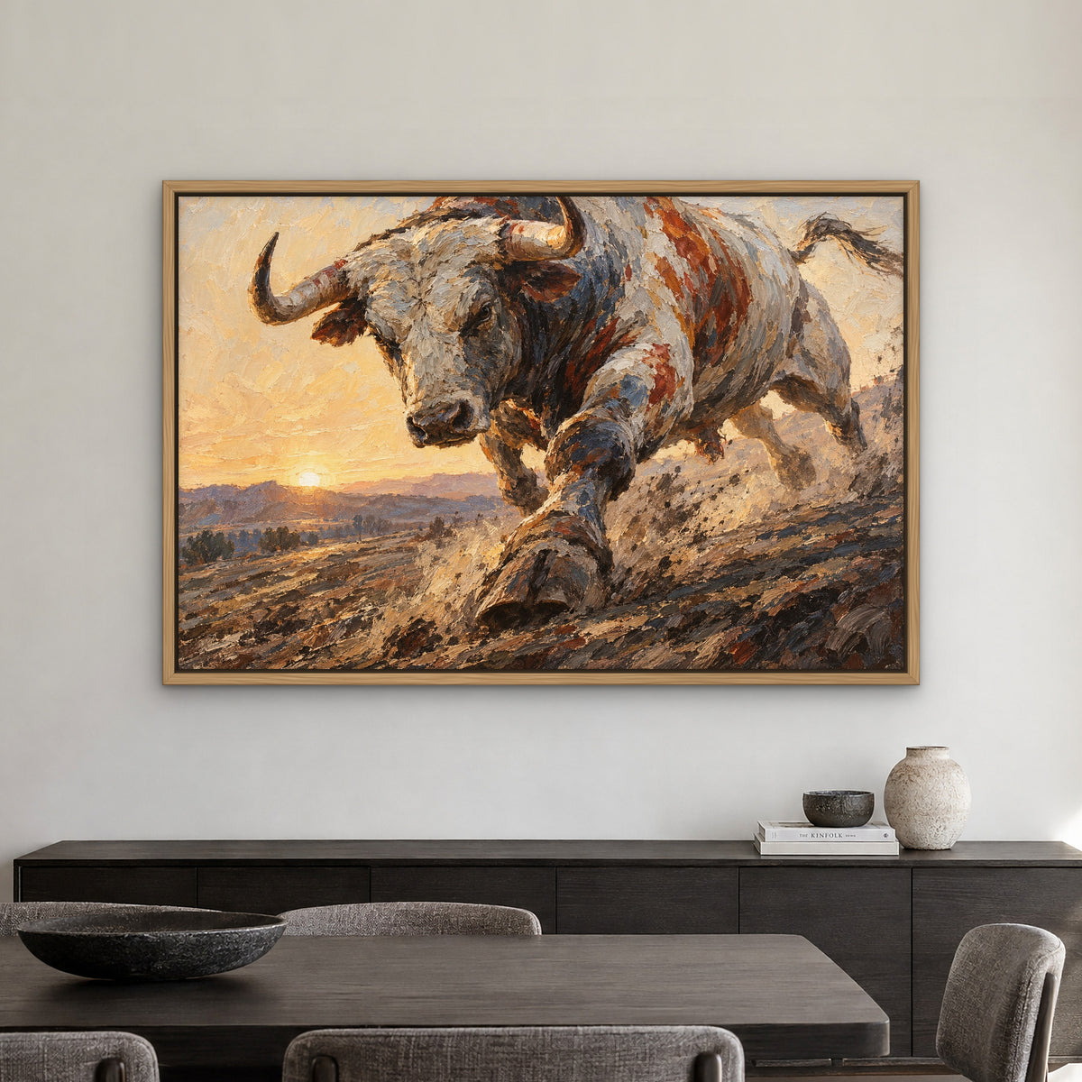 Bull in Full Stride, grey animal hand-painted canvas wall art in a dining room – Gallery 23