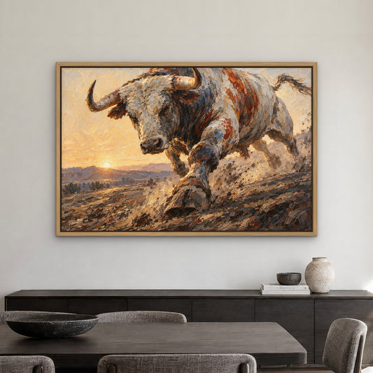 Bull in Full Stride, grey animal hand-painted canvas wall art in a dining room – Gallery 23
