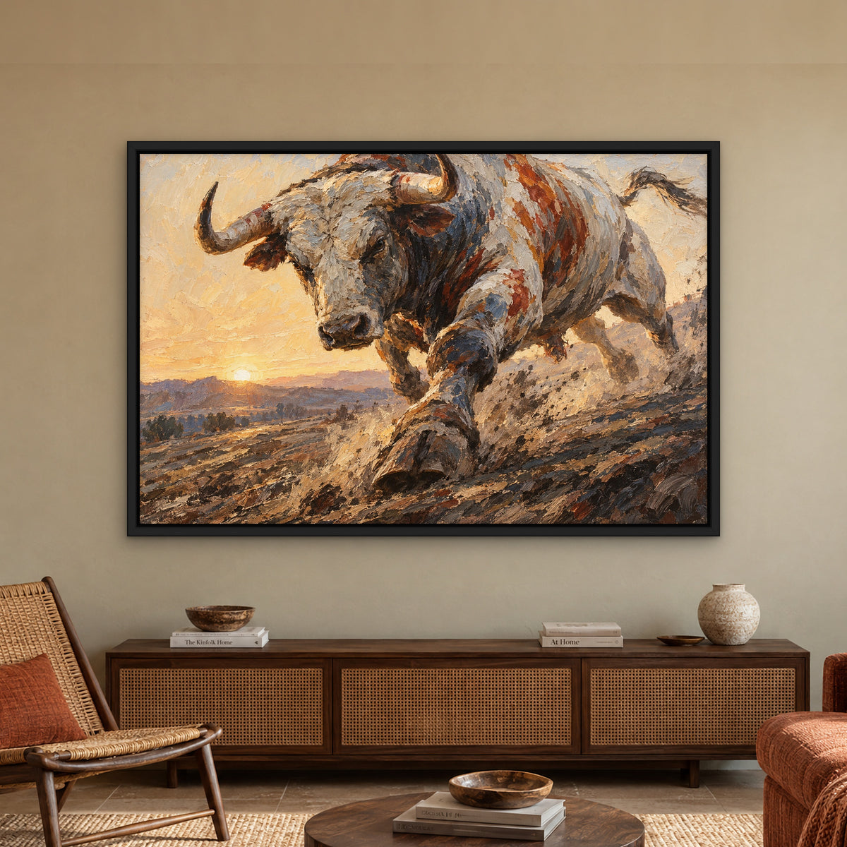 Bull in Full Stride, grey animal hand-painted canvas wall art in a living room – Gallery 23