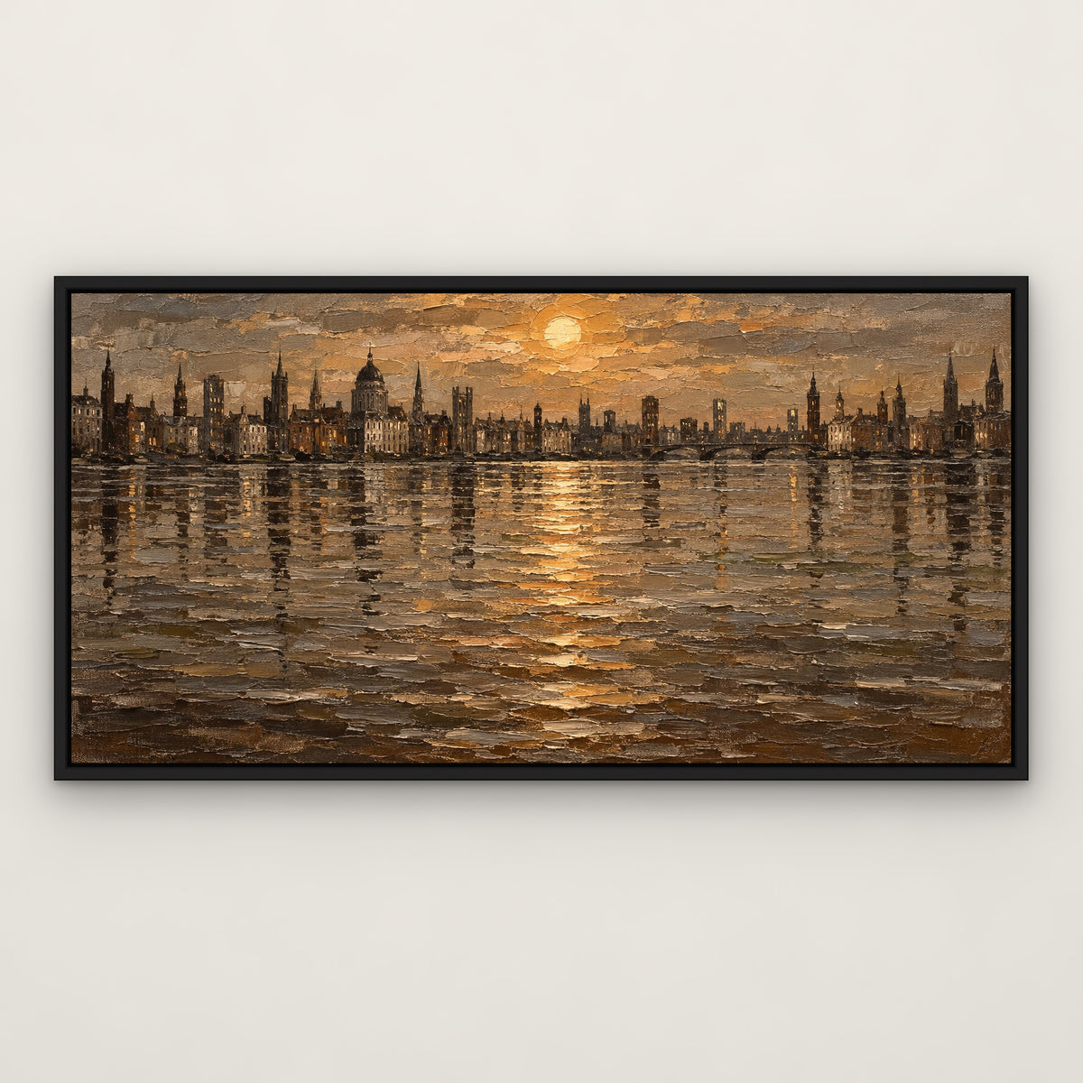 Brown Skyline Mirror, neutral abstract hand-painted canvas wall art in a slim black float frame – Gallery 23