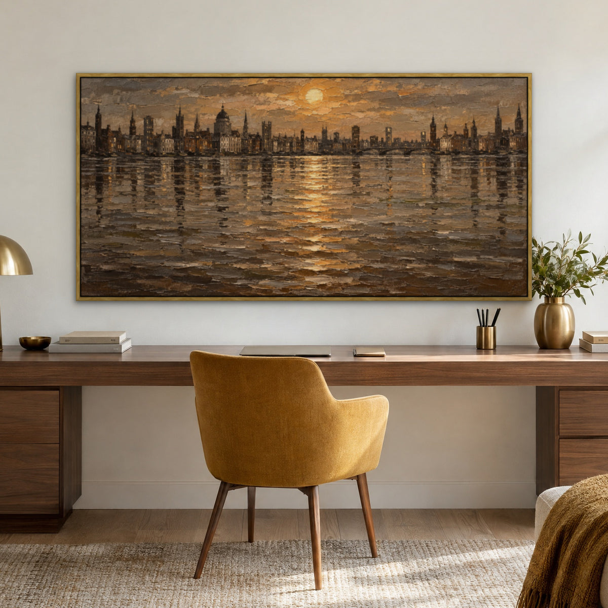 Brown Skyline Mirror, neutral abstract hand-painted canvas wall art in a home office – Gallery 23