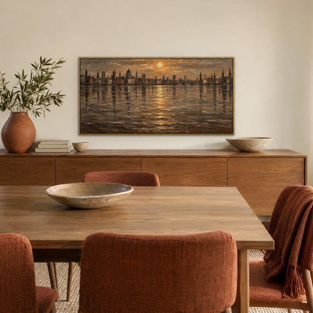 Brown Skyline Mirror, neutral abstract hand-painted canvas wall art in a dining room – Gallery 23