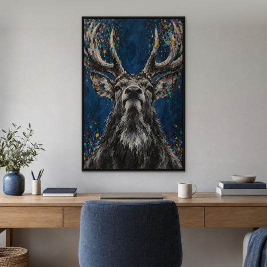 Confetti Antlers, colourful wildlife hand-painted canvas wall art in a home office – Gallery 23