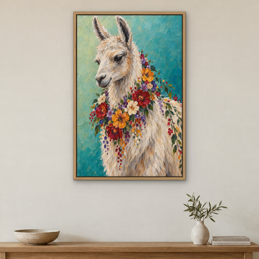 Floral Llama, colourful hand-painted canvas wall art in a hallway – Gallery 23