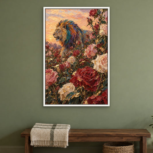 Lion Among Roses, colourful floral hand-painted canvas wall art in a bedroom – Gallery 23
