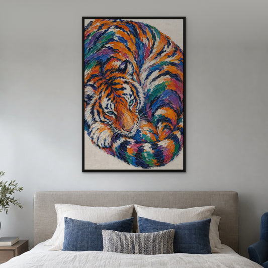 Prism Tiger, colourful wildlife hand-painted canvas wall art in a bedroom – Gallery 23