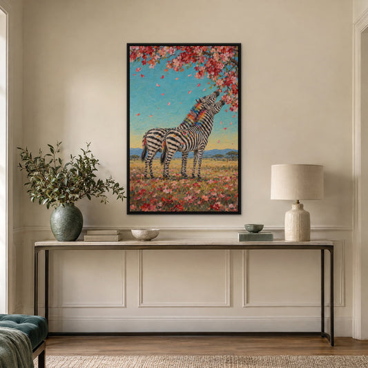 Blossom Zebra, colourful pop art hand-painted canvas wall art in a hallway – Gallery 23