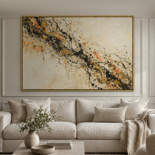 Black Lace Drip, orange abstract hand-painted canvas wall art in a living room – Gallery 23