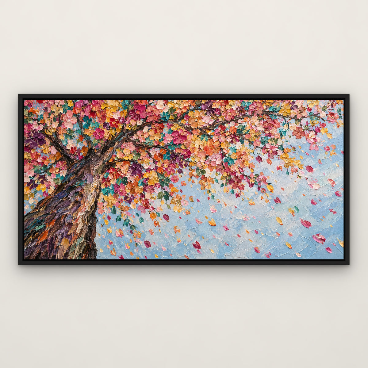 Confetti Blossom Tree, colourful botanical hand-painted canvas wall art in a slim black float frame – Gallery 23