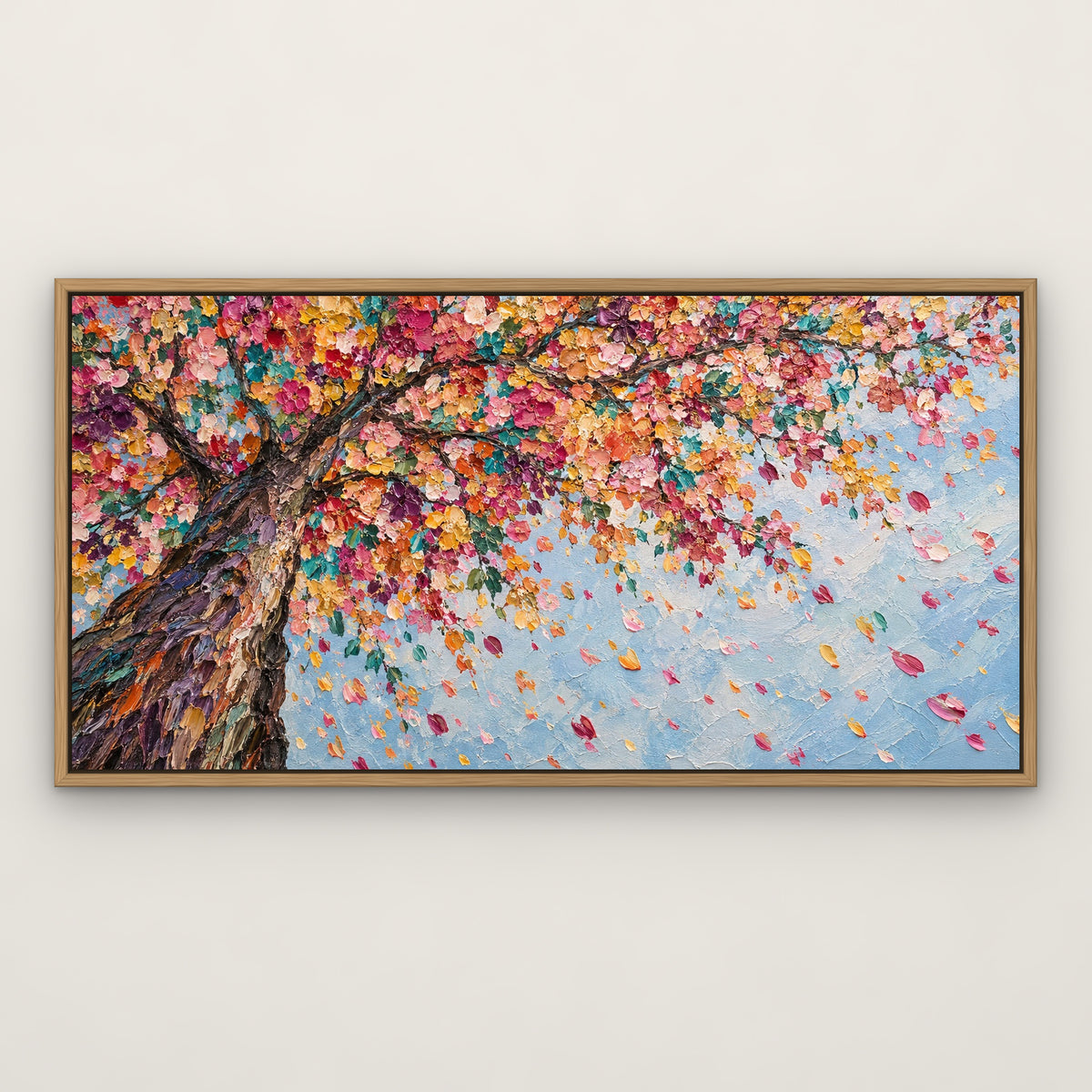 Confetti Blossom Tree, colourful botanical hand-painted canvas wall art in a slim oak float frame – Gallery 23