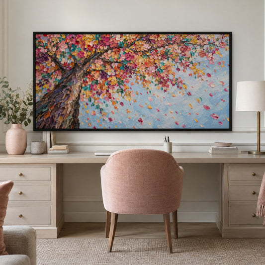 Confetti Blossom Tree, colourful botanical hand-painted canvas wall art in a home office – Gallery 23