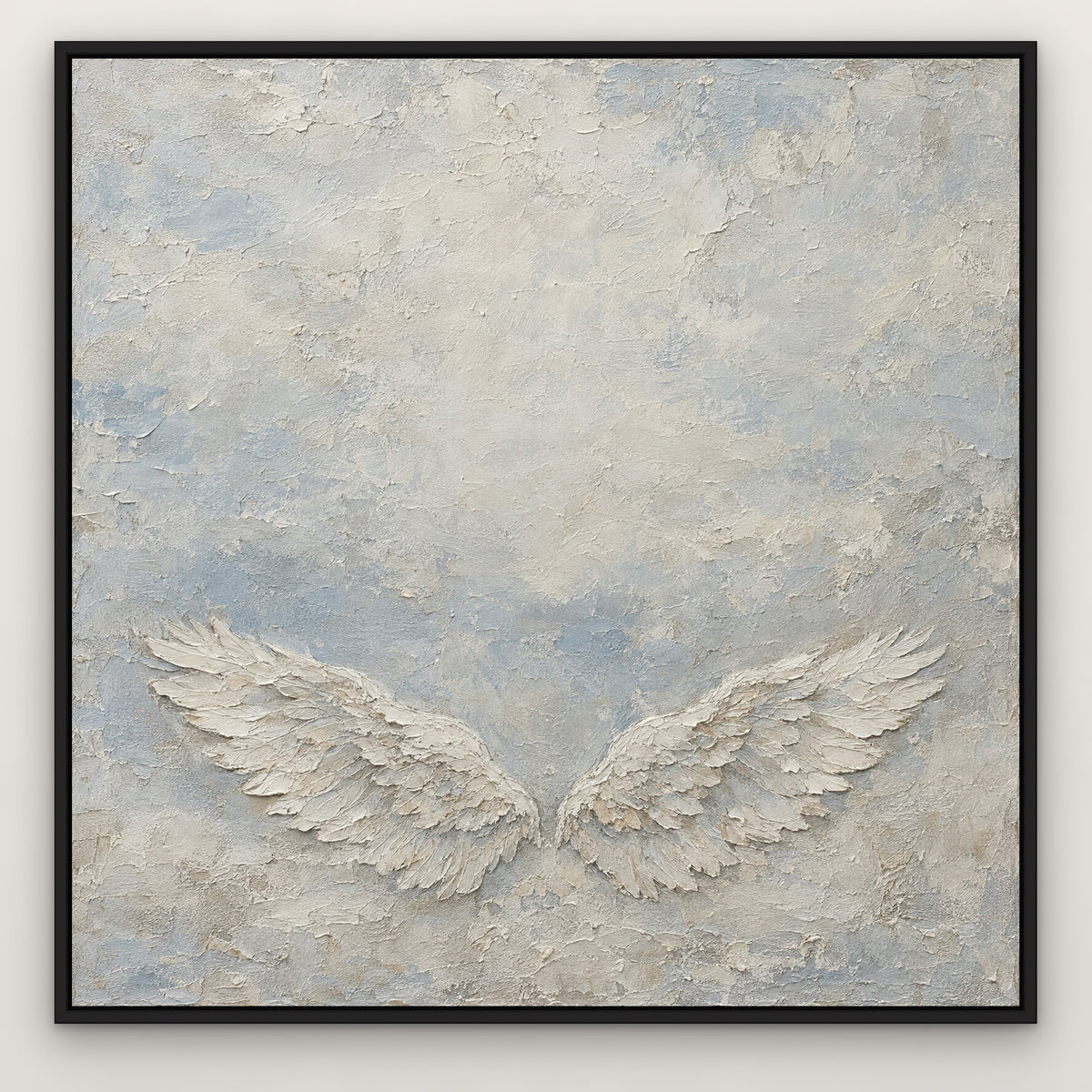 White Wings Relief, neutral animal hand-painted canvas wall art in a slim black float frame – Gallery 23