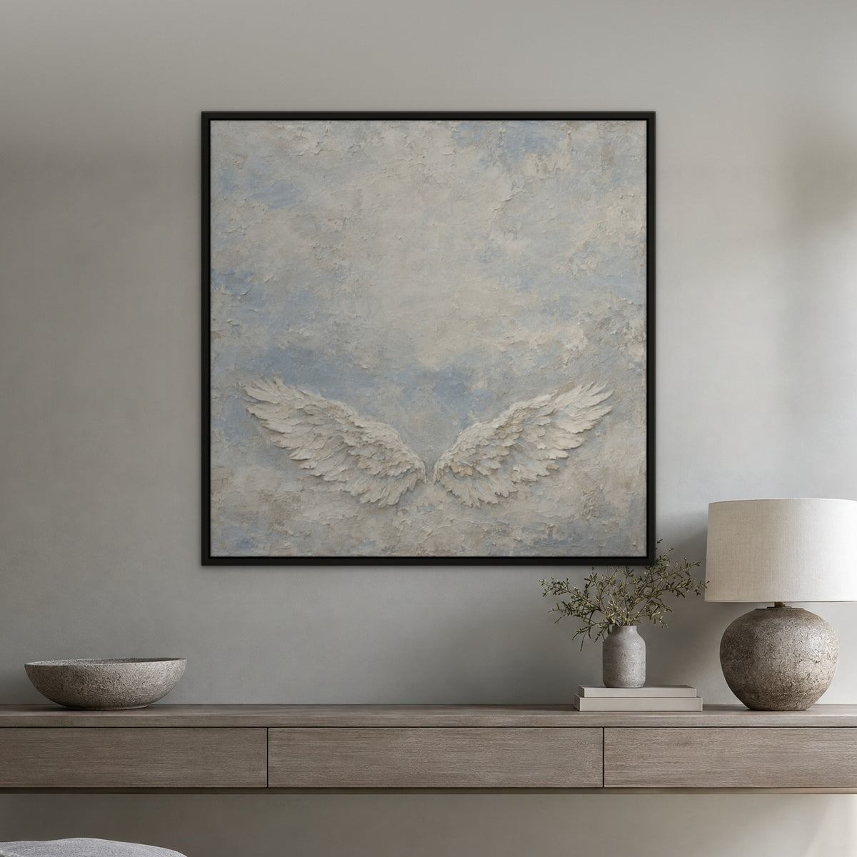 White Wings Relief, neutral animal hand-painted canvas wall art in a hallway – Gallery 23