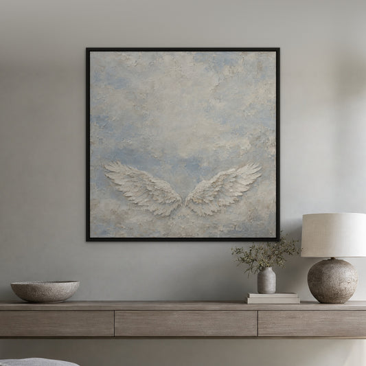 White Wings Relief, neutral animal hand-painted canvas wall art in a hallway – Gallery 23