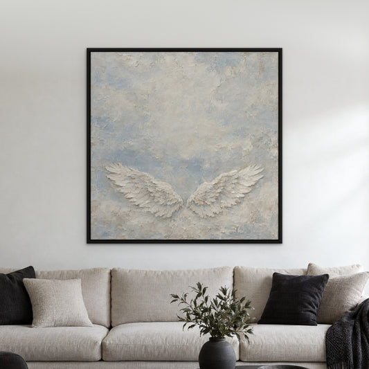 White Wings Relief, neutral animal hand-painted canvas wall art in a living room – Gallery 23