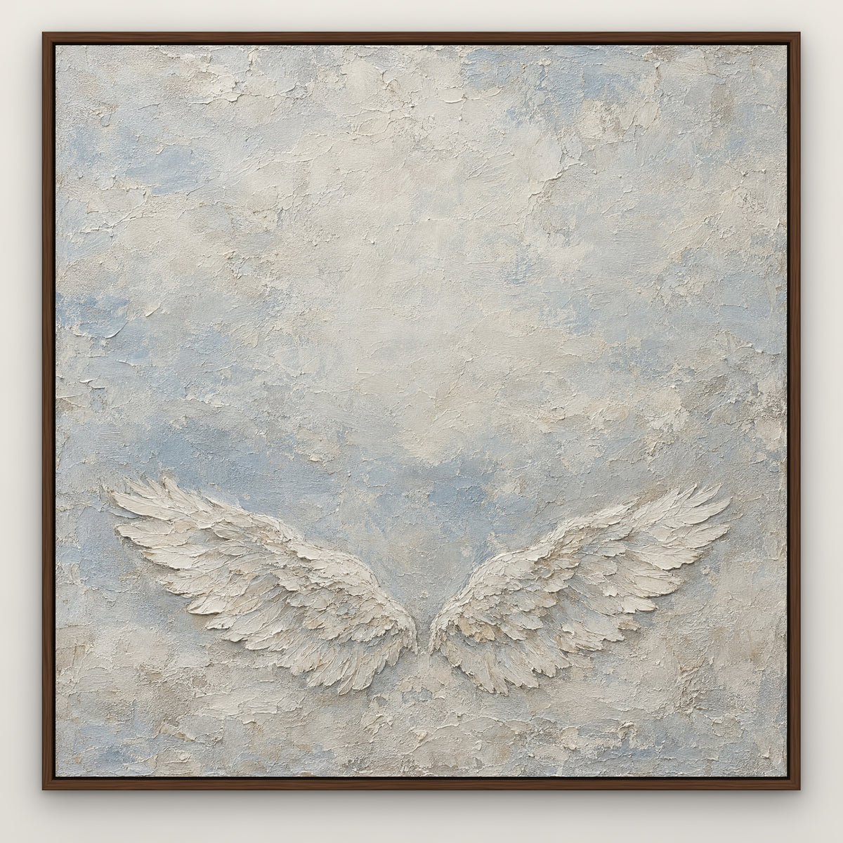 White Wings Relief, neutral animal hand-painted canvas wall art in a slim walnut float frame – Gallery 23