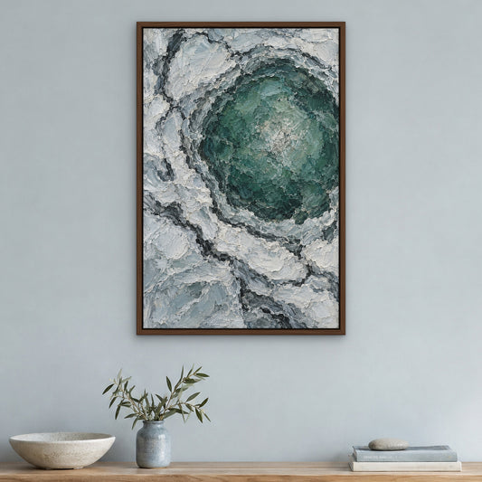 Jade and Frost, green abstract hand-painted canvas wall art in a hallway – Gallery 23