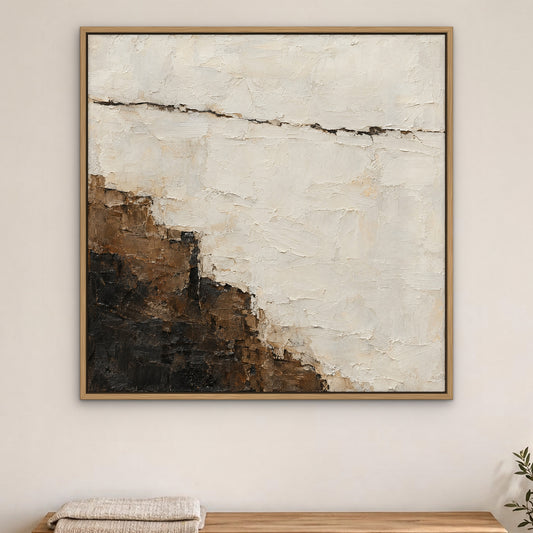 Ivory and Umber Edge, brown abstract hand-painted canvas wall art in a bedroom – Gallery 23