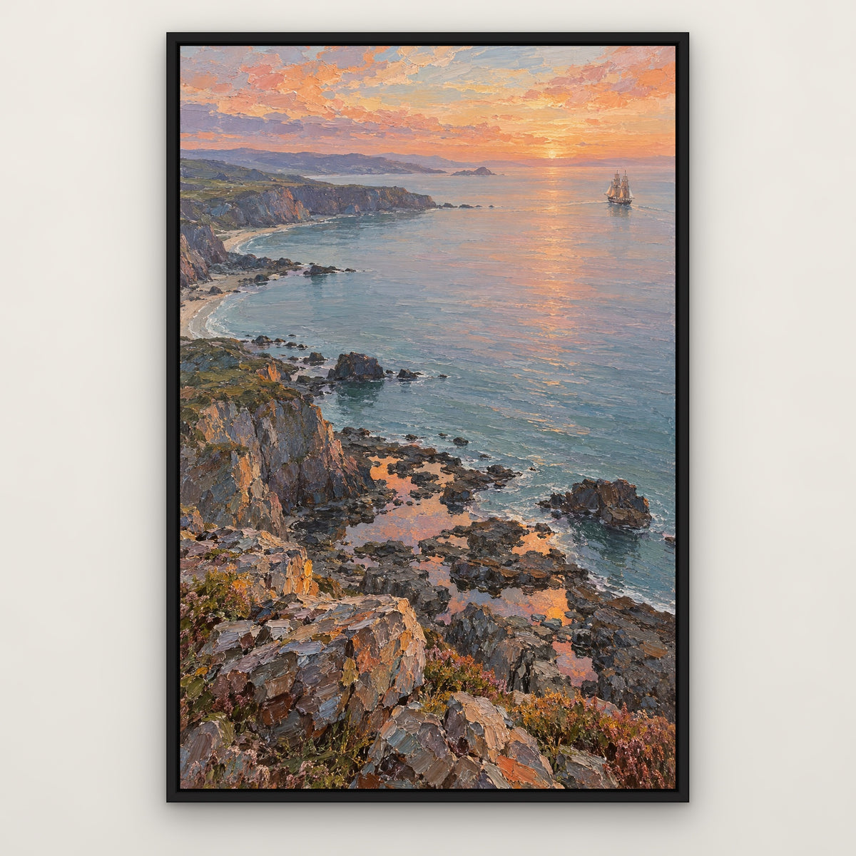 Peach Dawn Voyage, blue seascape hand-painted canvas wall art in a slim black float frame – Gallery 23