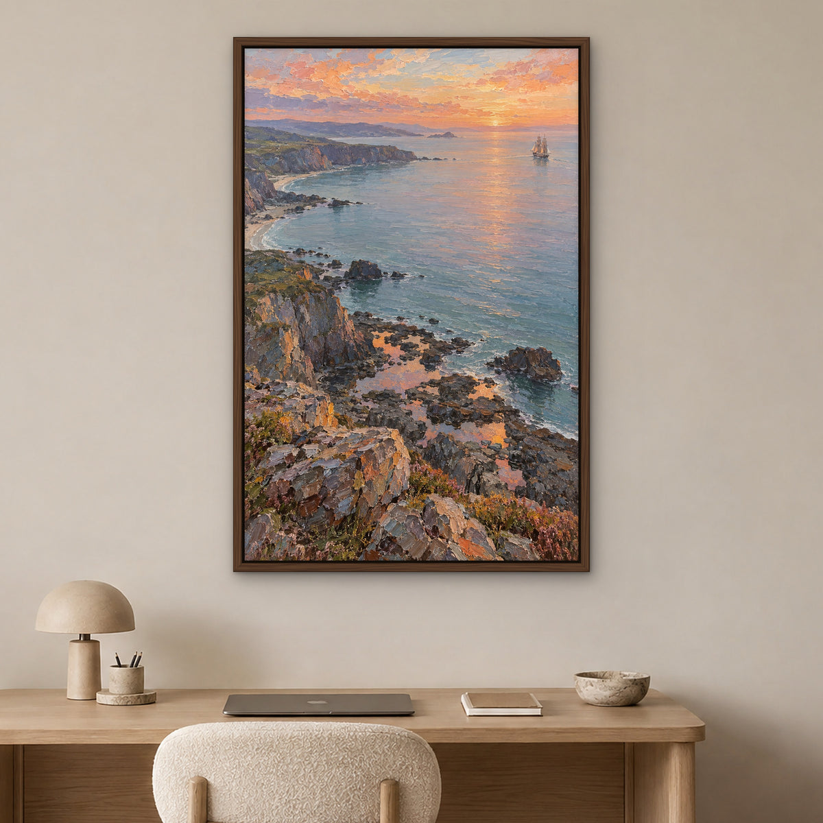 Peach Dawn Voyage, blue seascape hand-painted canvas wall art in a home office – Gallery 23