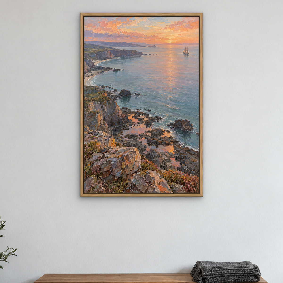 Peach Dawn Voyage, blue seascape hand-painted canvas wall art in a bedroom – Gallery 23