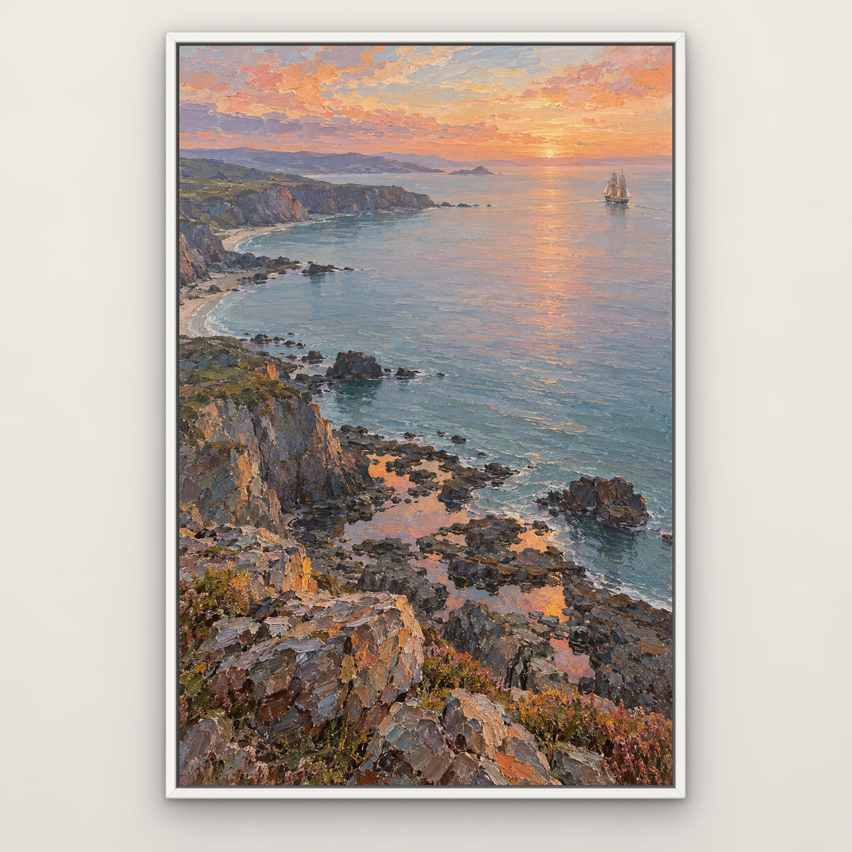 Peach Dawn Voyage, blue seascape hand-painted canvas wall art in a slim white float frame – Gallery 23