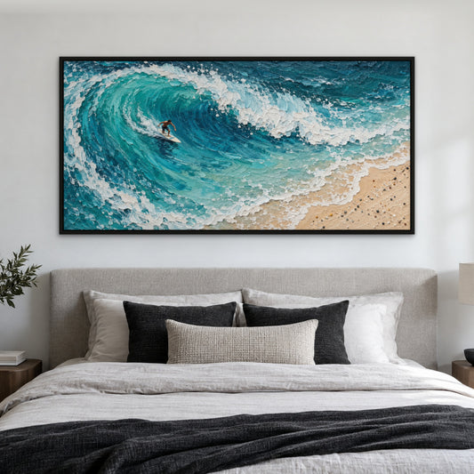 Aerial Surf, blue seascape hand-painted canvas wall art in a bedroom – Gallery 23