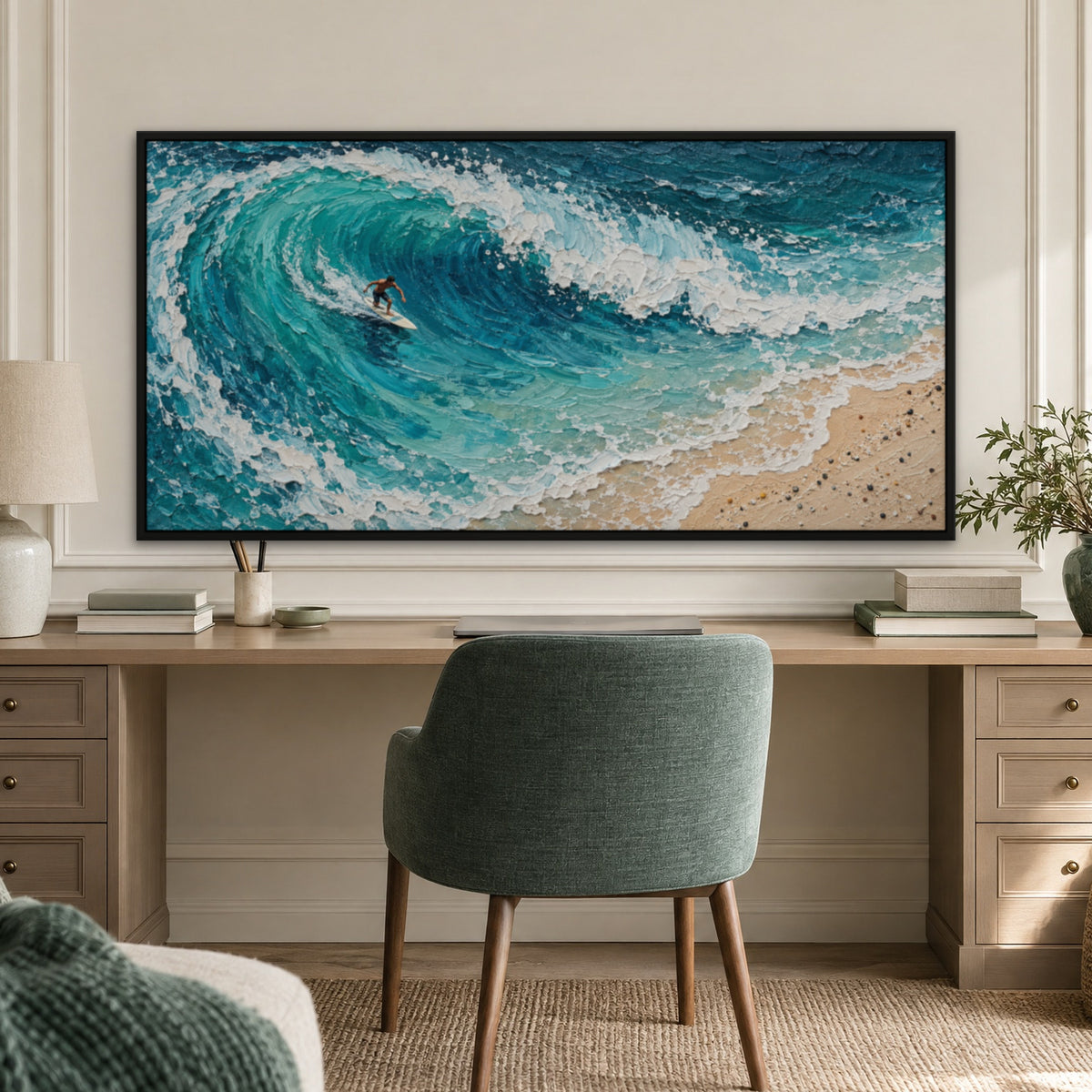 Aerial Surf, blue seascape hand-painted canvas wall art in a home office – Gallery 23