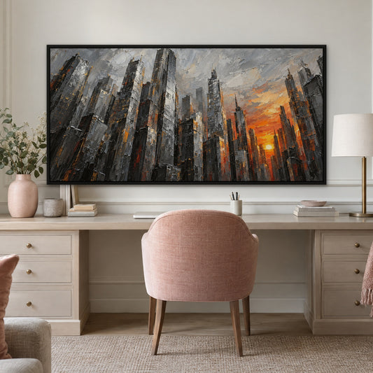 Silver Steel City, grey abstract hand-painted canvas wall art in a home office – Gallery 23