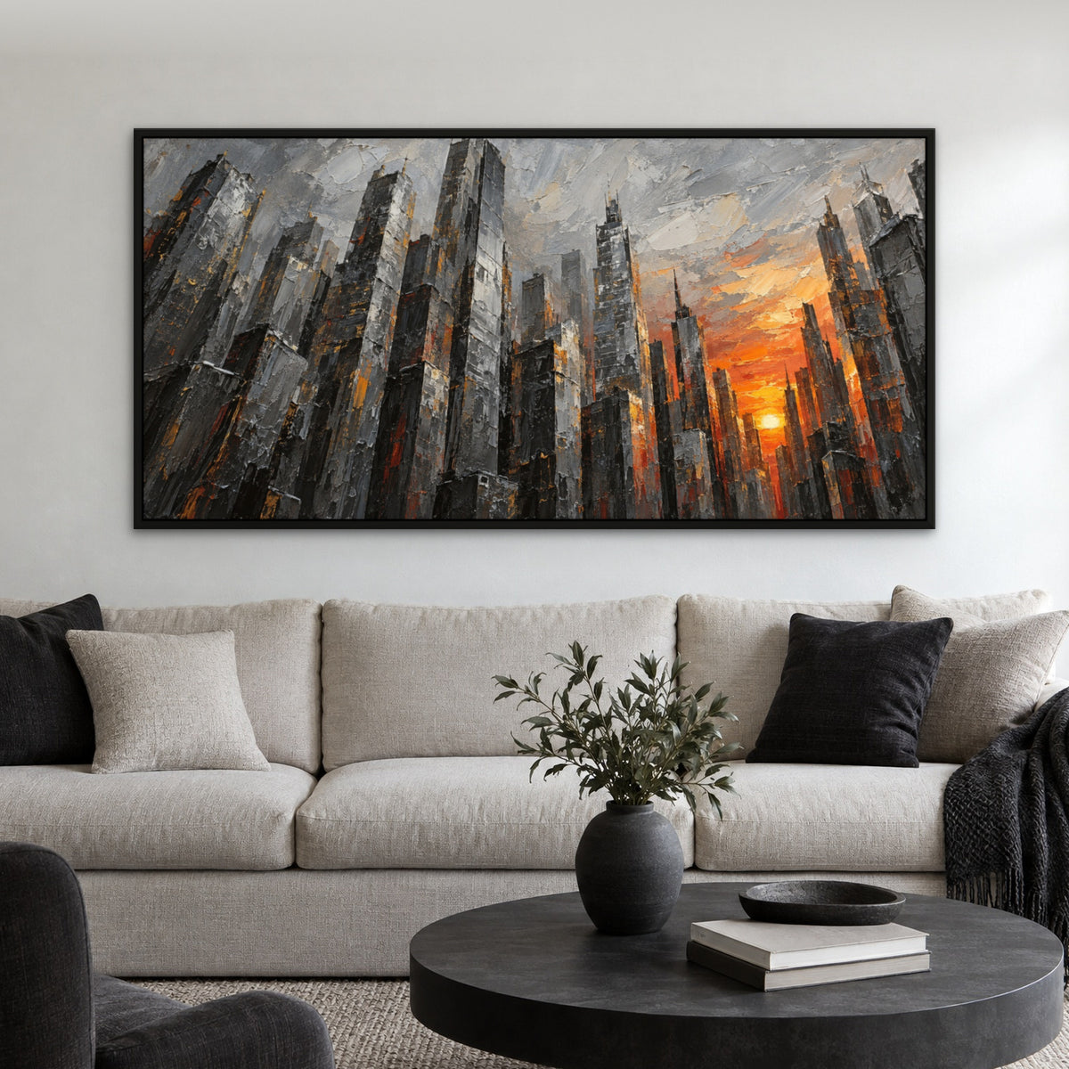 Silver Steel City, grey abstract hand-painted canvas wall art in a living room – Gallery 23