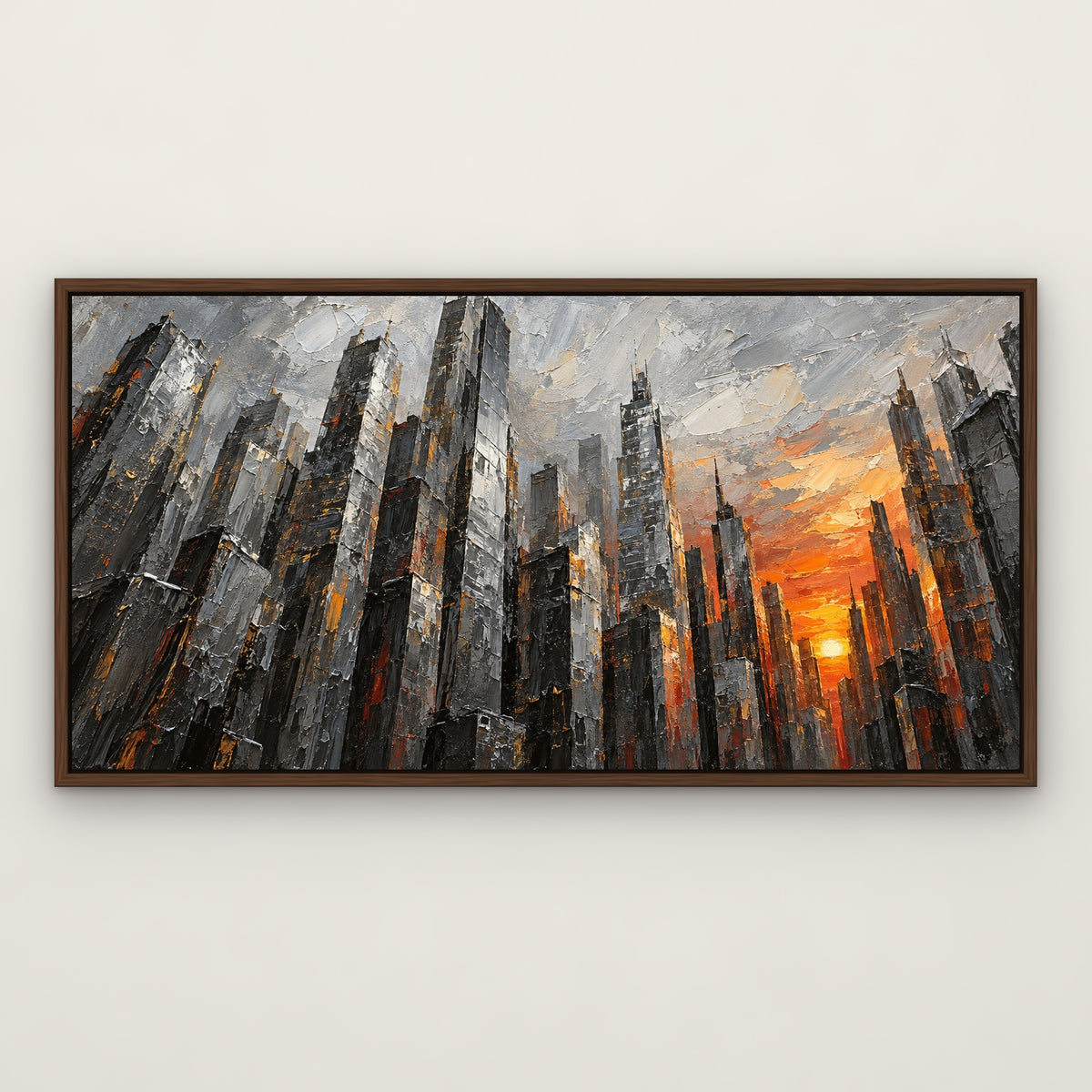 Silver Steel City, grey abstract hand-painted canvas wall art in a slim walnut float frame – Gallery 23